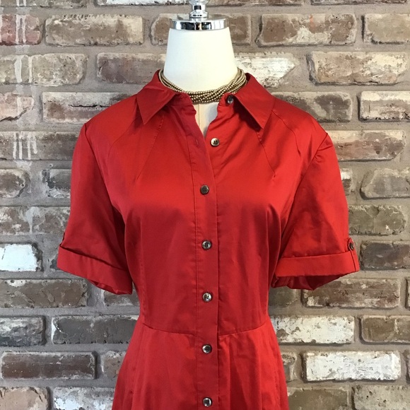 TALBOTS Women's Elegant Red Short Cuffed Sleeves Button-Down Shirt Dress 16 - Picture 4 of 6